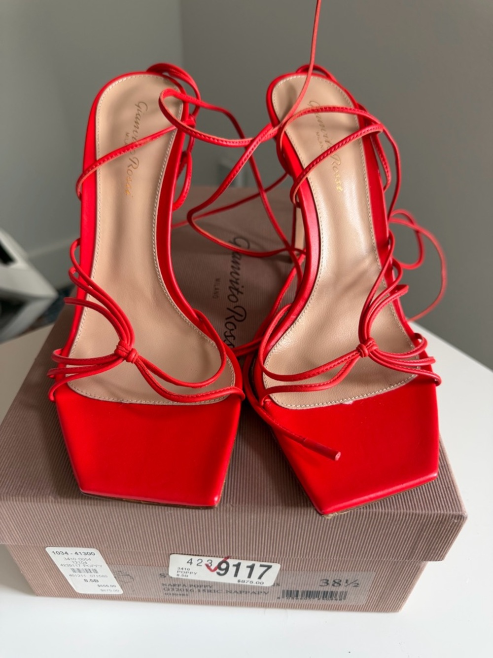 Gianvito Rossi Poppy Red Strappy Square-Toe Lace-Up Heels